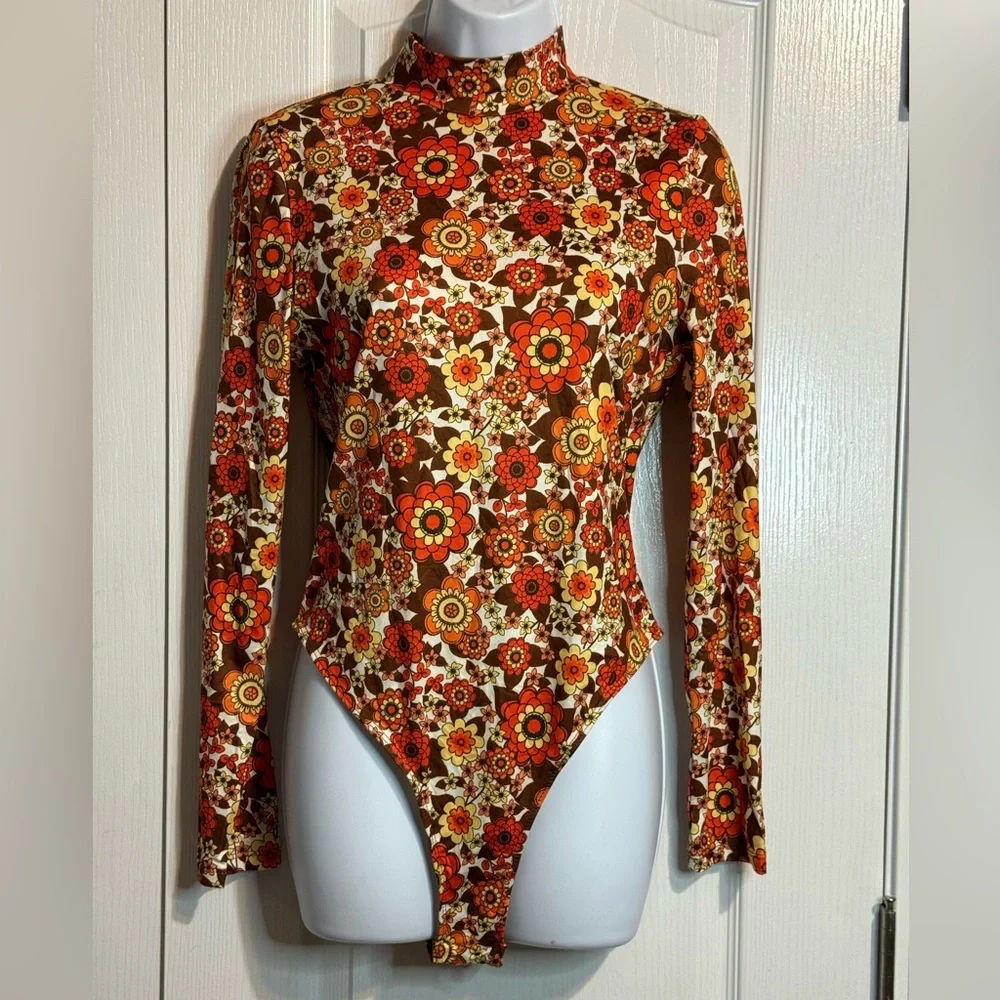 Retro Floral Long Sleeve Bodysuit - Brown/Orange